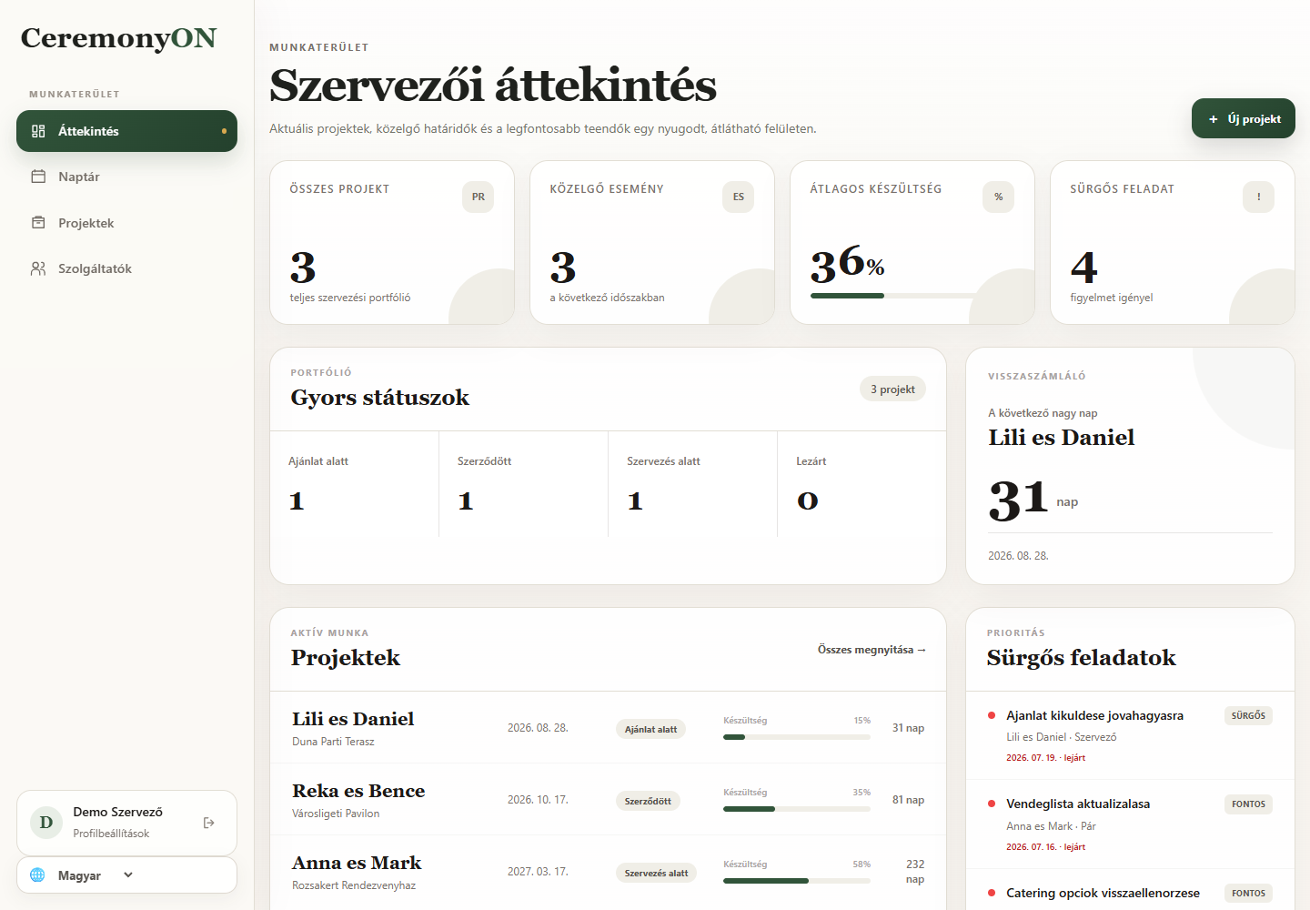 A CeremonyON esküvőszervezői áttekintő felülete